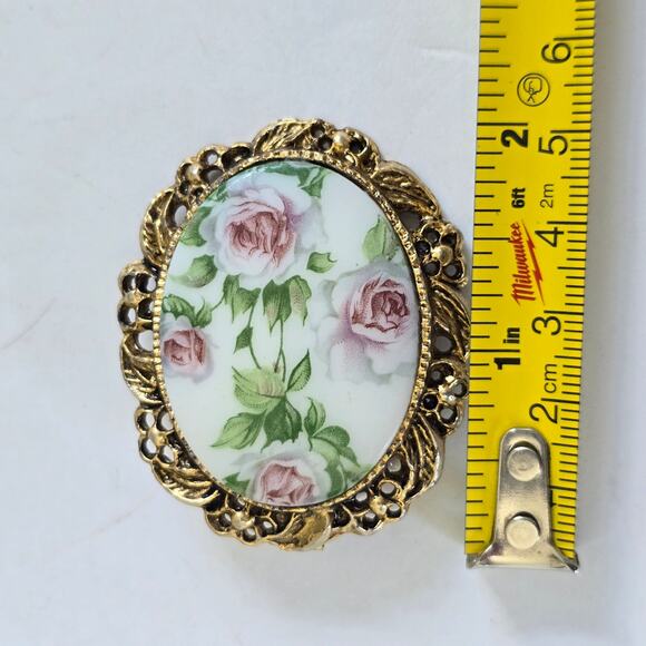 Vintage Rose Brooch Pendant Antiqued Gold Tone Filigree Cottagecore Victorian - Picture 9 of 9